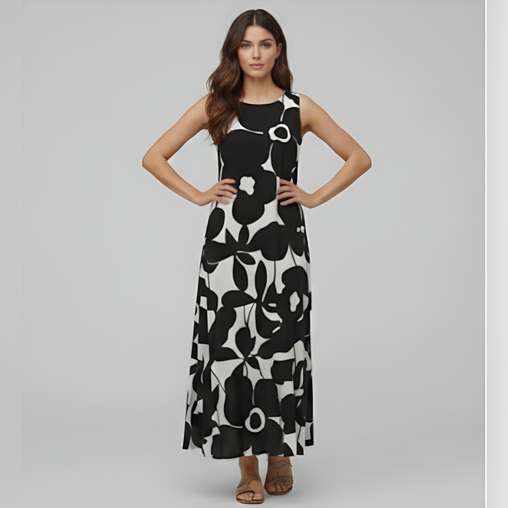 Black/White Floral Printed Loose Fit Dress - Picture 1 of 8